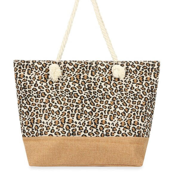 Leopard / Animal Print Tote Bag W/ Tan Bottom- Rope Handles- Style 3- NWT - Picture 1 of 7